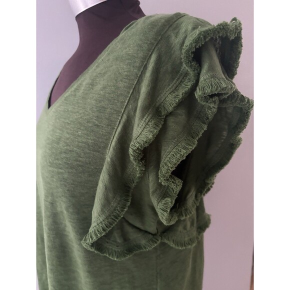 Chicos Linen Top Size M Green Ruffle Flutter Sleeve Relaxed Fringe Preppy Forest - Picture 5 of 16